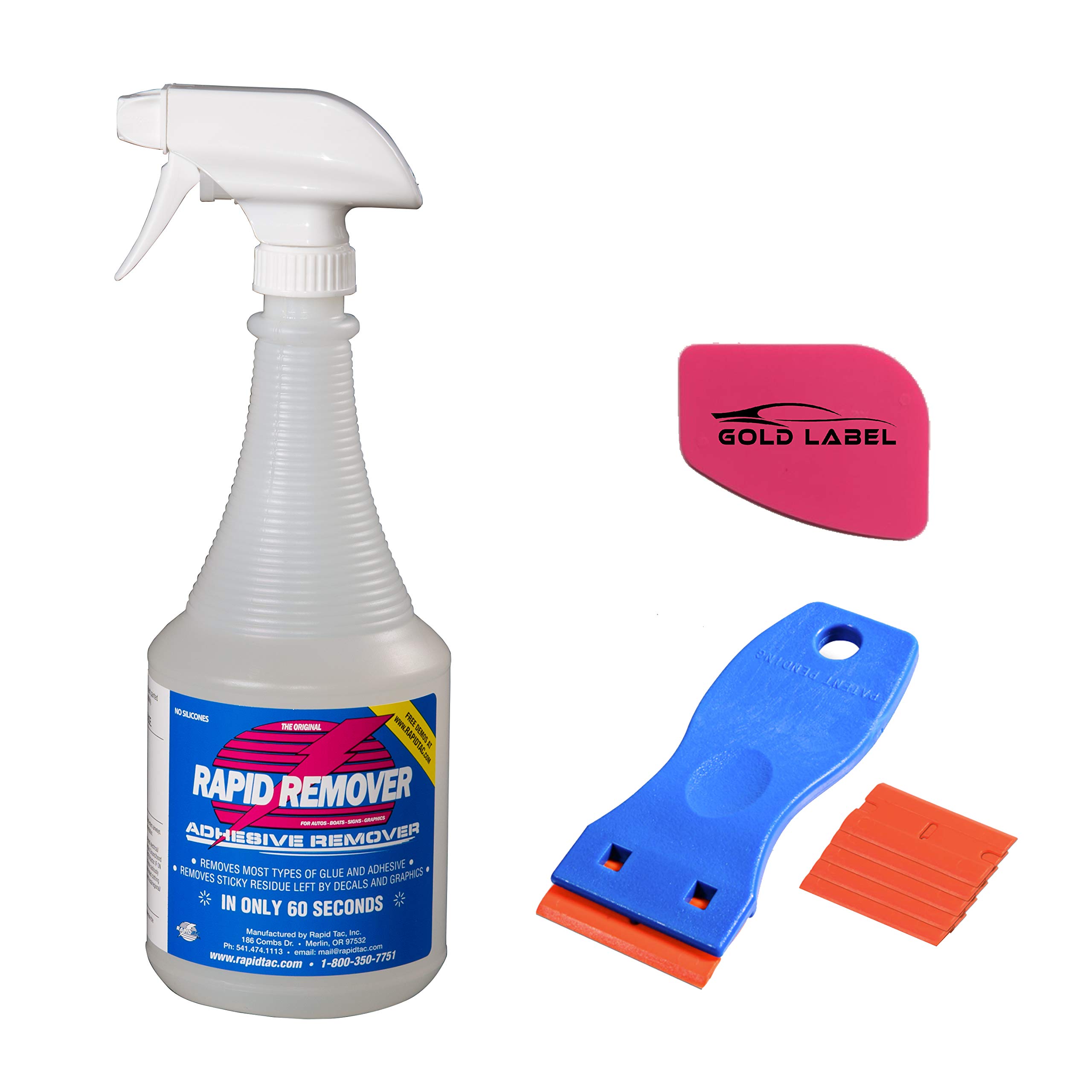 RapidTac Rapid Remover Adhesive Remover Kit with Lil Chizler and Plastic Razor Blade with 5 Extra Blades (32oz. Kit)