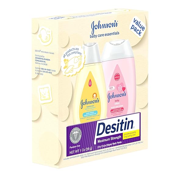 JOHNSON’S BABY CARE ESSENTIALS GIFT SET, BODY LOTION, & ZINC OXIDE DIAPER RASH PASTE FOR BABY’S DELICATE SKIN, VALUE PACK, TRAVEL-SIZE, BATH ESSENTIALS MUST HAVES, BABY GIFTS, 3 ITEMS