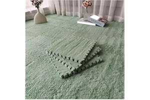Plush Foam Floor Mats,9pcs Interlocking Foam Carpet Mats with Border,Soft Fluffy Foam Floor Tiles Play Mat,Squares Puzzle Are
