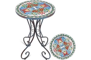 Frstem Mosaic Patio Table and Plant Stand, Outdoor Side Table for Patio with 14" Ceramic Tile Top, Weather Resistant Metal Round End Table Accent Table for Yard Porch Balcony Garden Bedside, Wild Lily