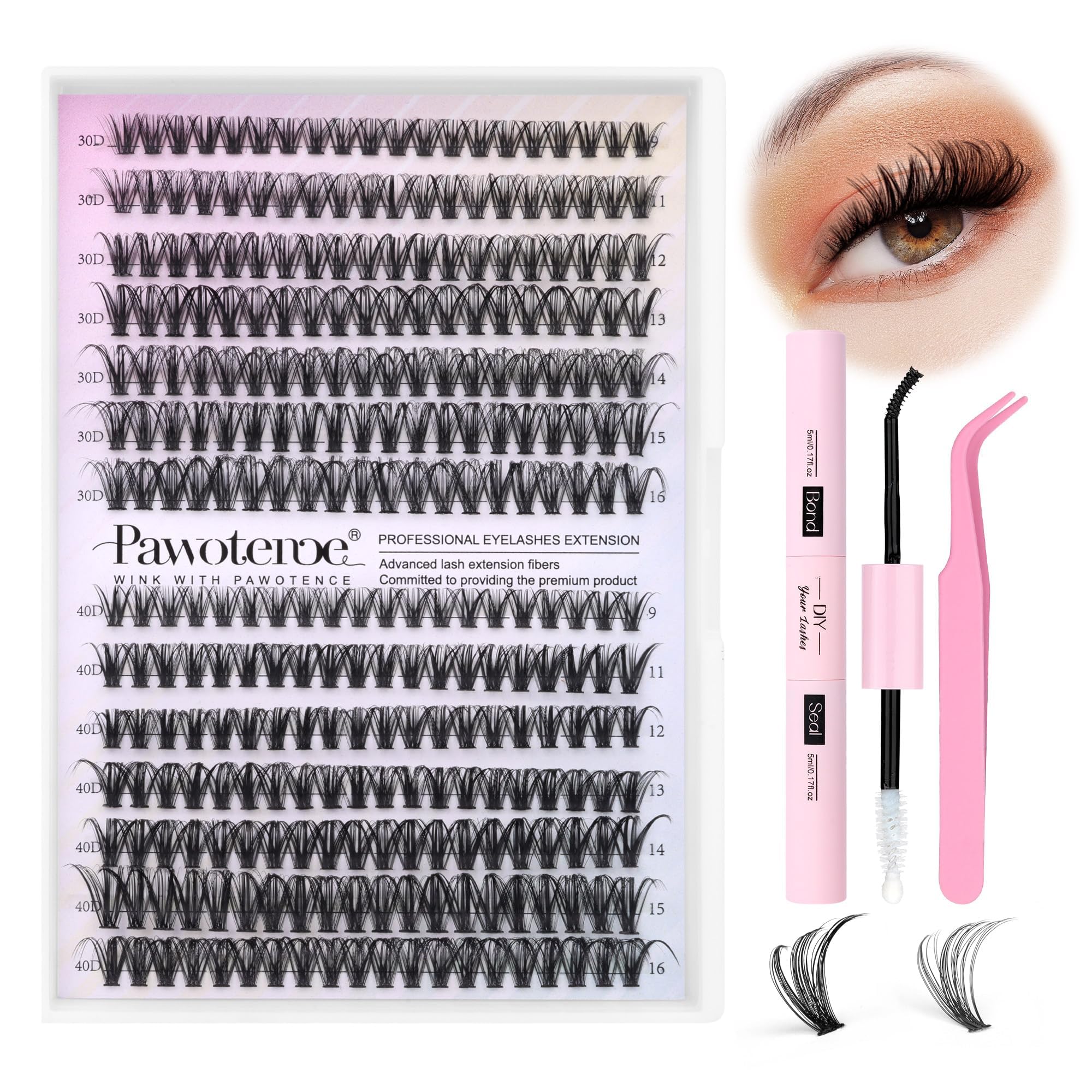Pawotence Eyelash Extension Kit Cluster Lashes Individual Cluster 9-16mm Lash Extension Kit with Lash Bond and Seal, Lash Tweezers for Self Use,280pcs Individual Eyelashes Kit (30D-40D KIT)