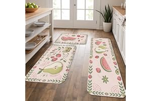 Fruit Pattern Kitchen Mats for Floor, Watermelon and Pear Vintage Soft Mats, Spring Cushioned Comfort Washable Decor Rugs for