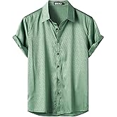ZEROYAA Men's Luxury Shiny Satin Jacquard Shirt Modern Fit Short Sleeve Button Down Shirts for Summer Party Prom