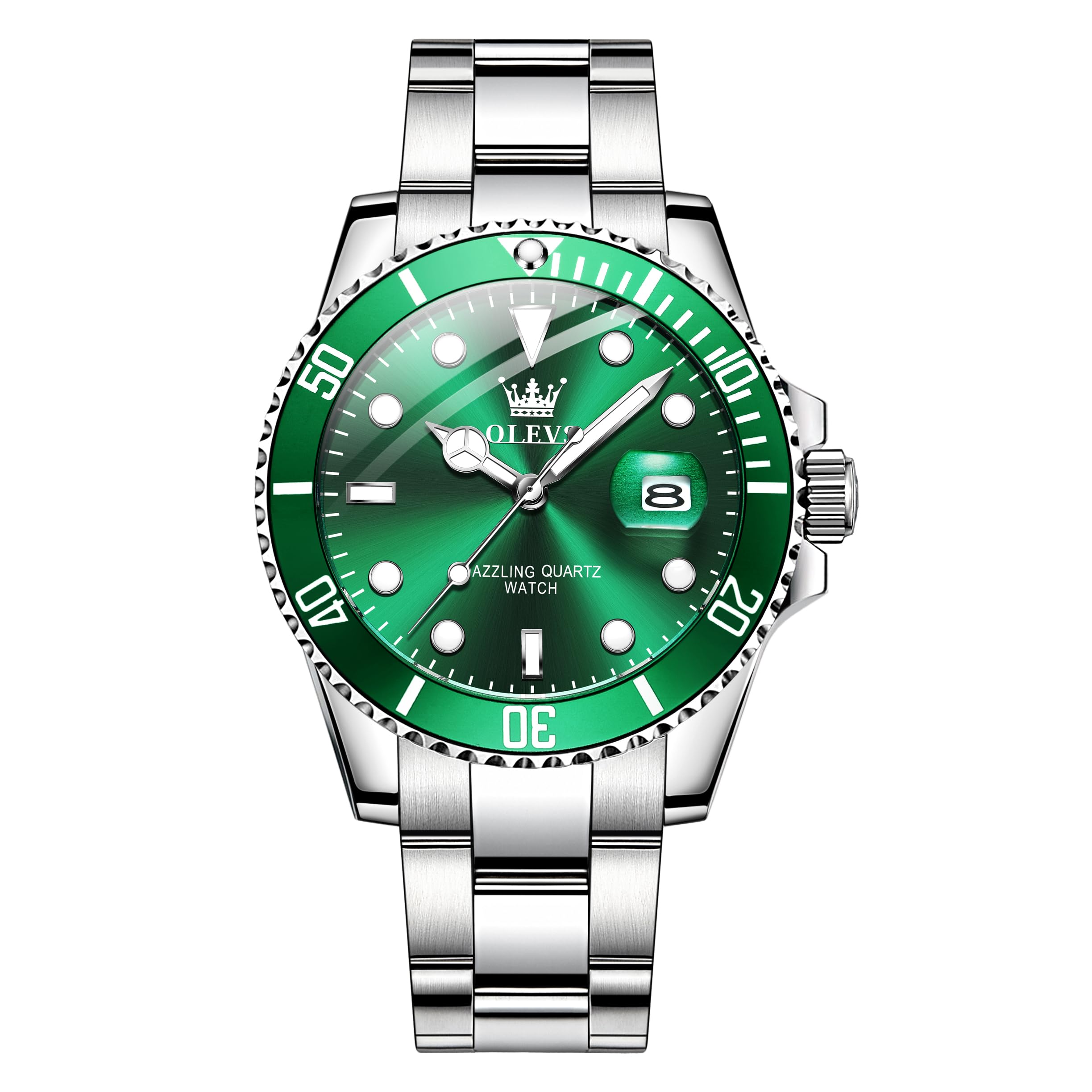 OLEVS Mens Watch Big Face Silver Stainless Steel Analogue Quartz Watches Men Green Dial Rotatable Bezel Calendar Men's Dress Watch Waterproof Luminous with Date Watches for Men Reloj para Hombre