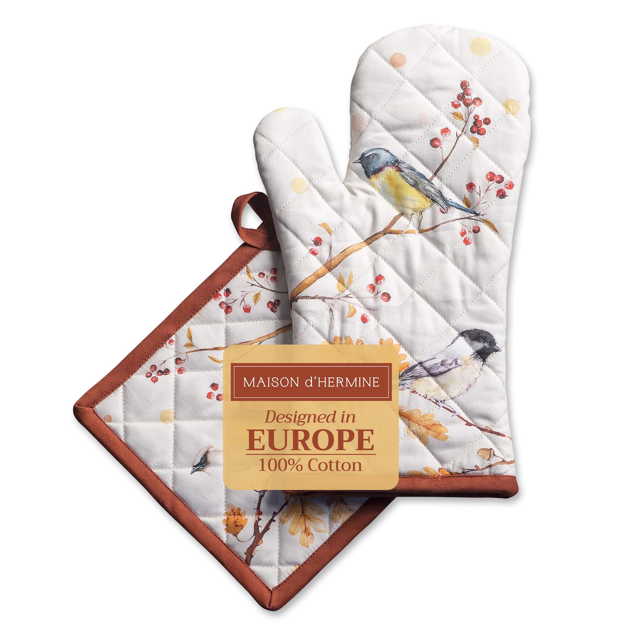 Maison d' Hermine 100% Cotton Oven Mitt & Pot Holder Set (19 x 33 cm & 20 x 20 cm) Heat Resistant BBQ Cooking Gloves with Loop for Christmas Decorations Baking Handling Hot Pans (Oak Leaves) โ image 1