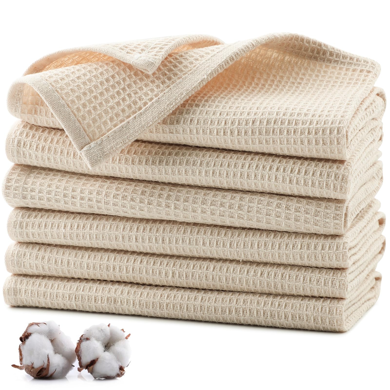 Jogoico 100% Cotton Kitchen Cleaning Cloths 6 PCS Highly Absorbent Soft Dish Cloths (35 x 35 cm) Kitchen Dish Towels Quick Drying Towels Waffle Hand Towels- Beige