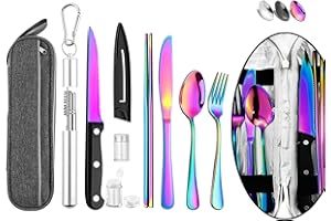 Hommaly Portable Travel Reusable Utensils Silverware with Case,Camping Cutlery set,Chopsticks and Straw Flatware, Stainless steel Utensil set (Rainbow) U