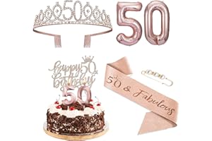 AgQrDkrc 50th birthday decorations women,50th Birthday gifts women,Rose gold,Include 50th Birthday Crown,50th Birthday Sash with Pearl Pin,Cake topper,Number Candles and Balloons
