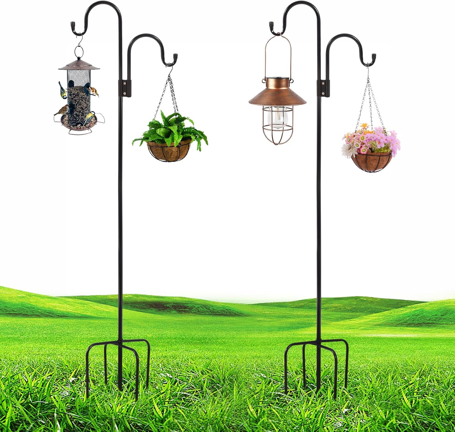 Outdoor Shepherd's Hooks - DI QIU REN 2 Pcs Shepherds Hooks for Outdoor, 75 Inches Double Shepards Hooks,Black Heavy Duty Outdoor Hummingbird Feeder Stand Pole Shepherd Hooks Hanging Bird Feeders,Wedding Decor