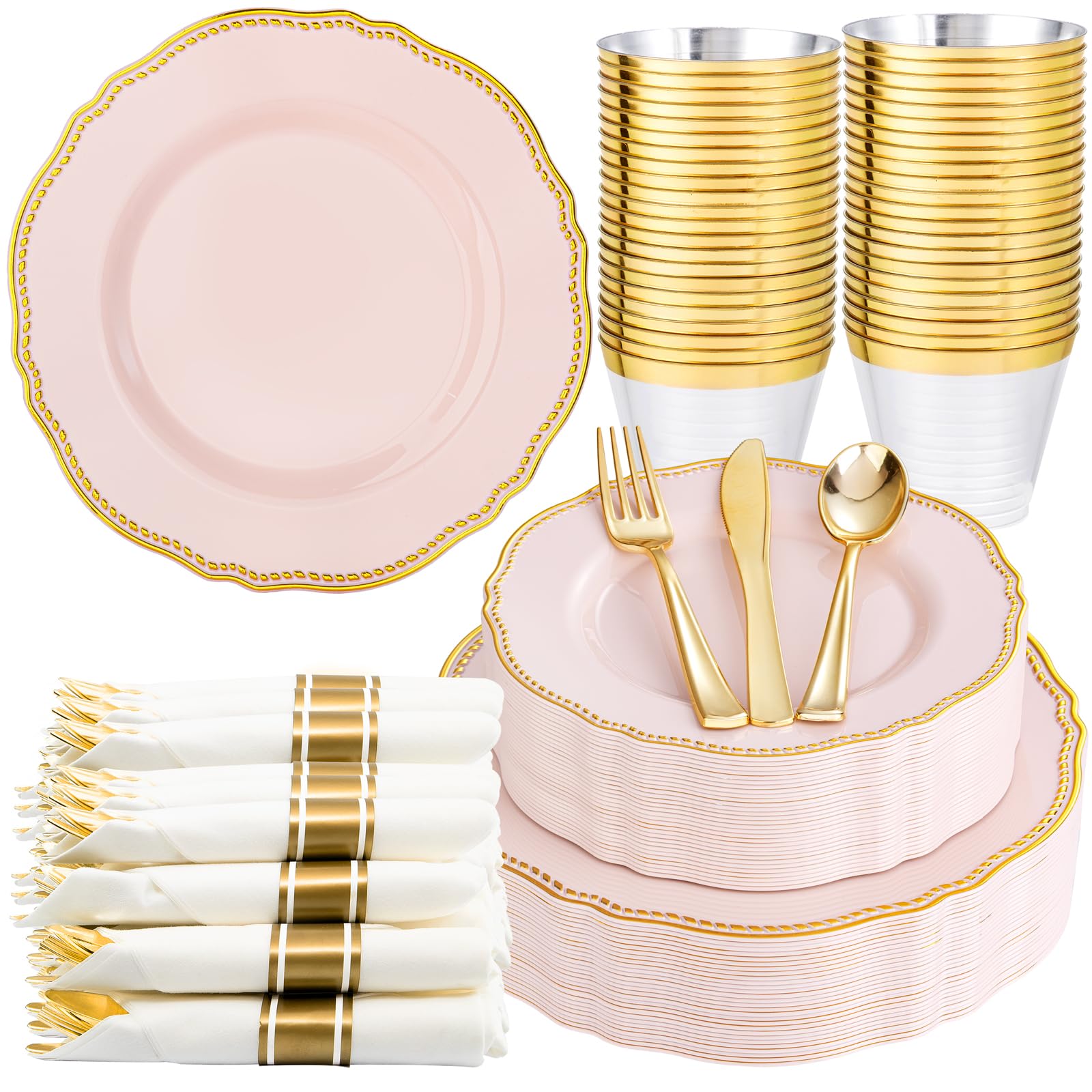 Photo 1 of Hioasis 175pcs Pink and Gold Plastic Plates - Pink Plastic Dinnerware Set Includes 25 Dinner Plates, 25 Dessert Dinnerware, 25 Cups, 25 Napkins Perfect for Wedding & Party