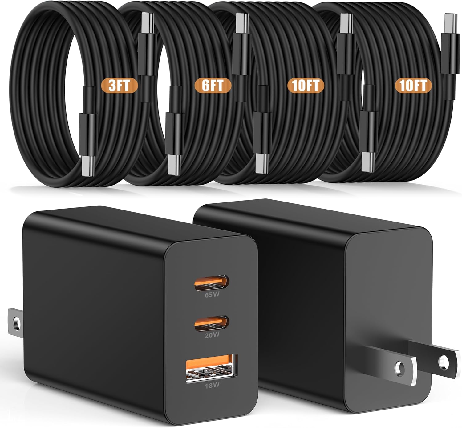 Susnwere 65W USB C Wall Charger for Samsung S26 Ultra,3 Port 100W PD Quick 3.0 Type C Charging with 3/6/10/10FT USB C Cable f