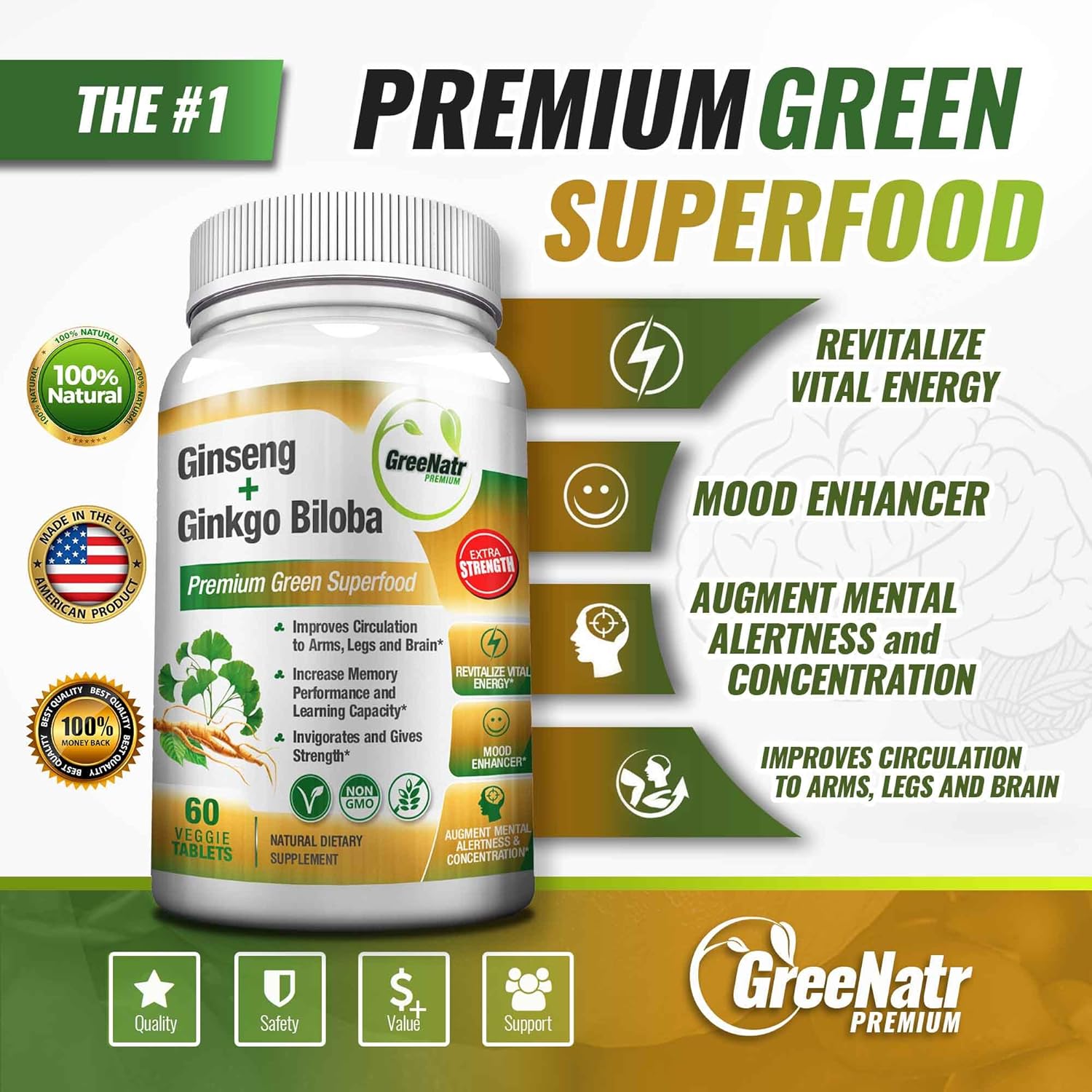 Panax Ginseng + Ginkgo Biloba Tablets – Premium Non-GMO/Veggie Superfood – Traditional Energy Booster and Brain Sharpener – Unique Twin Supplement Combines Ginseng and Ginkgo Biloba (3 Pack): Health & Personal Care