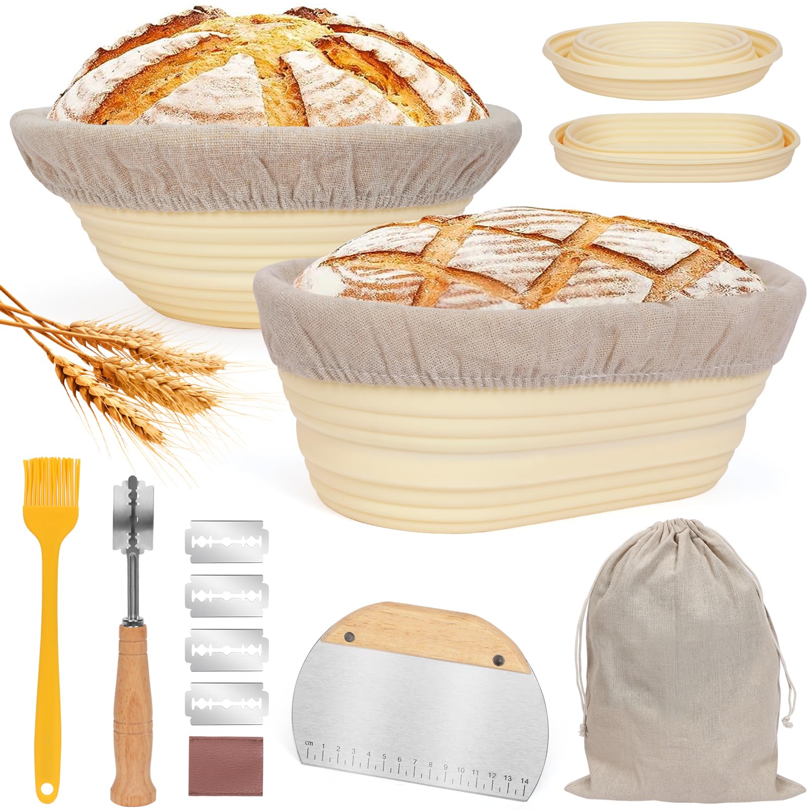 ZgoEC Foldable Banneton Proofing Basket Silicone- Oval 10 Inch & Round 9 Inch - Bread Proofing Basket with Storage Bag - Sourdough Starter Kit for Bakers, Housewife - Gift for Baking (Yellow)