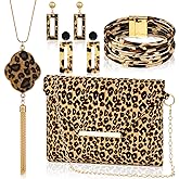 Sotiff 5 Pcs Leopard Accessories for Women Purse Jewelry Set Necklaces Clutch Earring Wrap Bracelets Long Tassel Pendant
