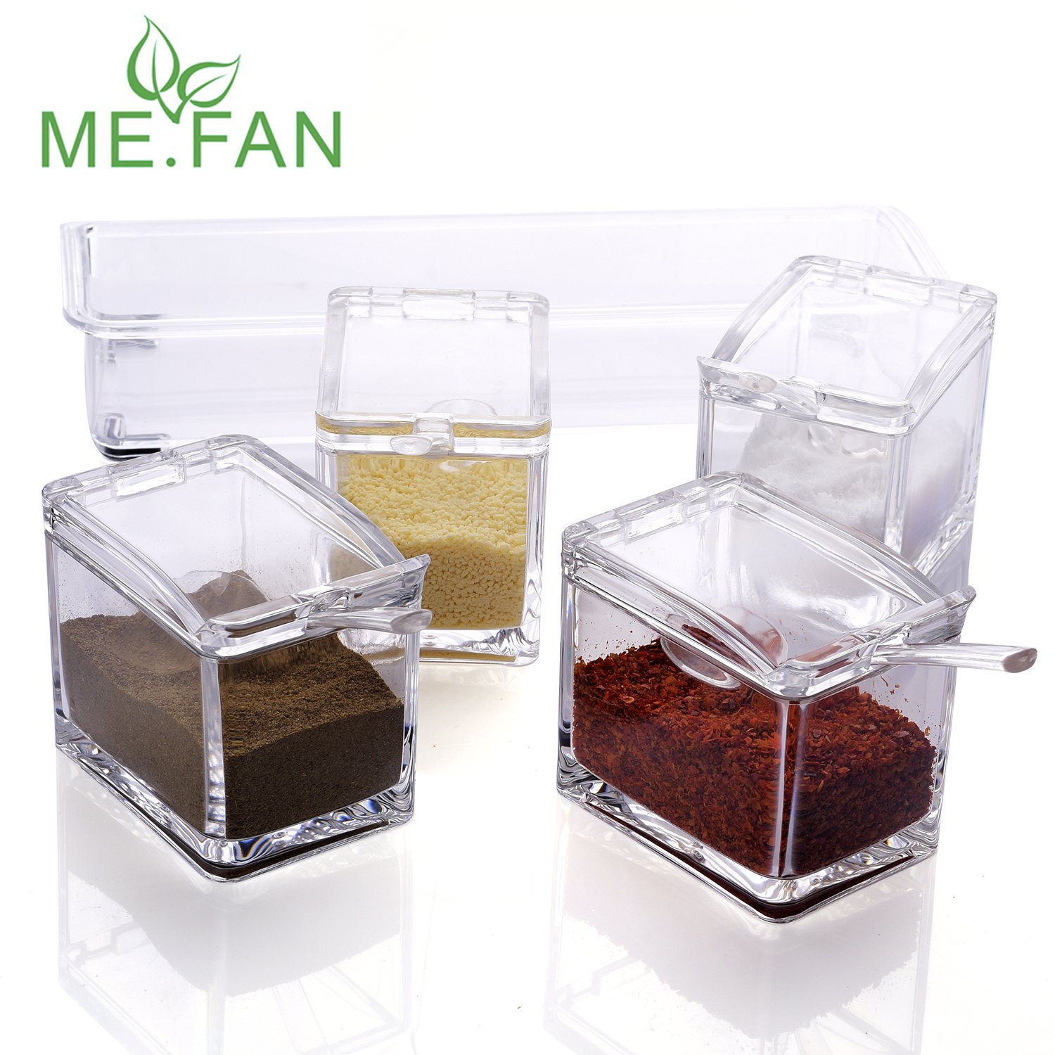 ME.FAN Clear Seasoning Rack Spice Pots 4 Piece Acrylic Seasoning Box