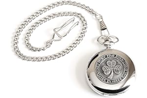 Biddy Murphy Shamrock Pocket Watch Made in Ireland Shamrock Pewter Medallion Stainless Steel Case with Chain, Made in Ireland