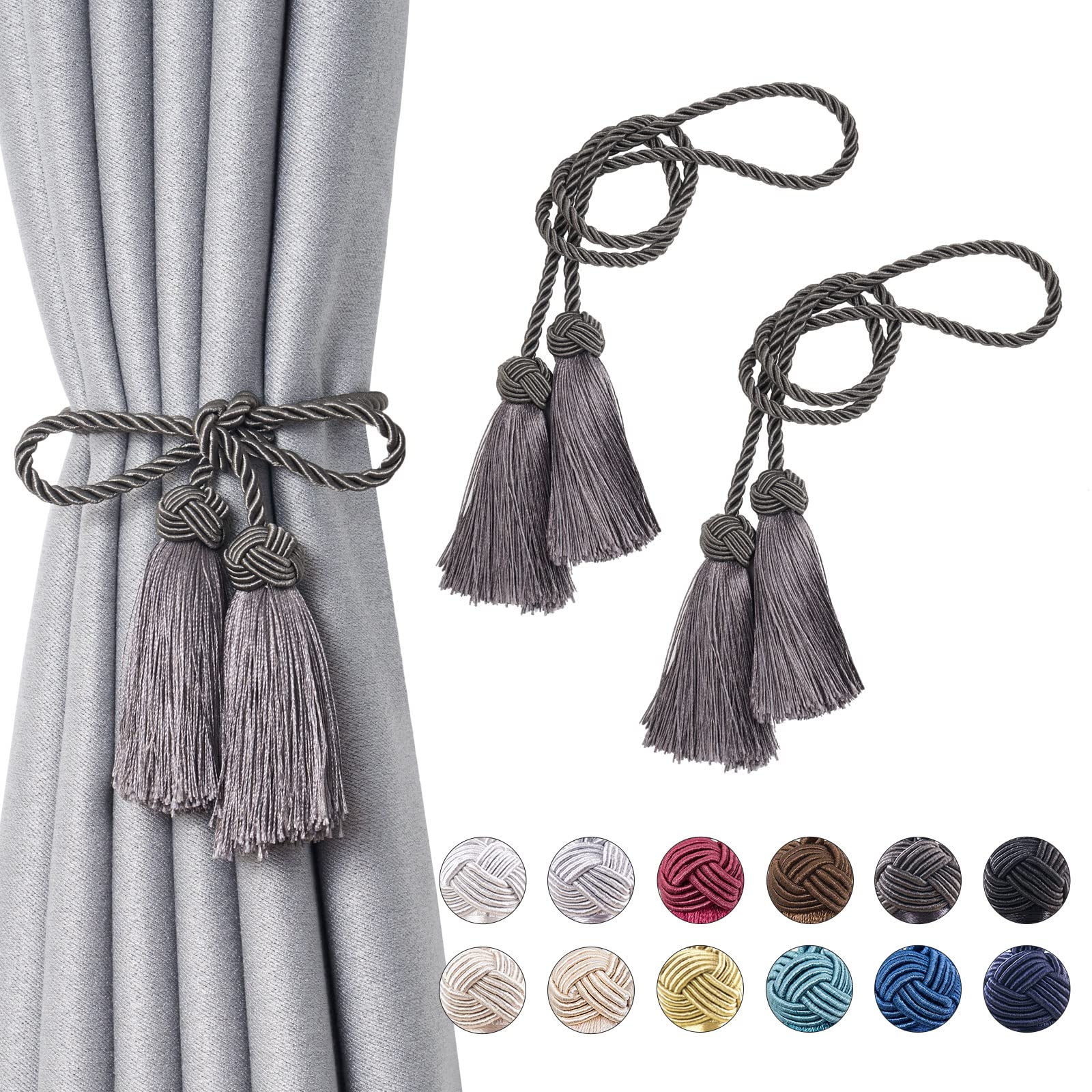 Pretty Jolly 2 Pack Double-ended Tassel Curtain Tiebacks Handmade Braided Rope Knot Drape Tie Backs European Style Decorative Curtain Holdbacks for Home & Office Window Drapery (Dark Grey) — image 1