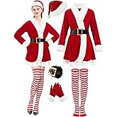 FancyFun 5 Pcs Mrs Claus Costume Adult Women, Santa Christmas Outfits for Women Velvet Dress with Belt High Socks Hat Gloves