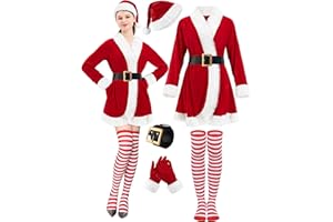 FancyFun 5 Pcs Mrs Claus Costume Adult Women, Santa Christmas Outfits for Women Velvet Dress with Belt High Socks Hat Gloves