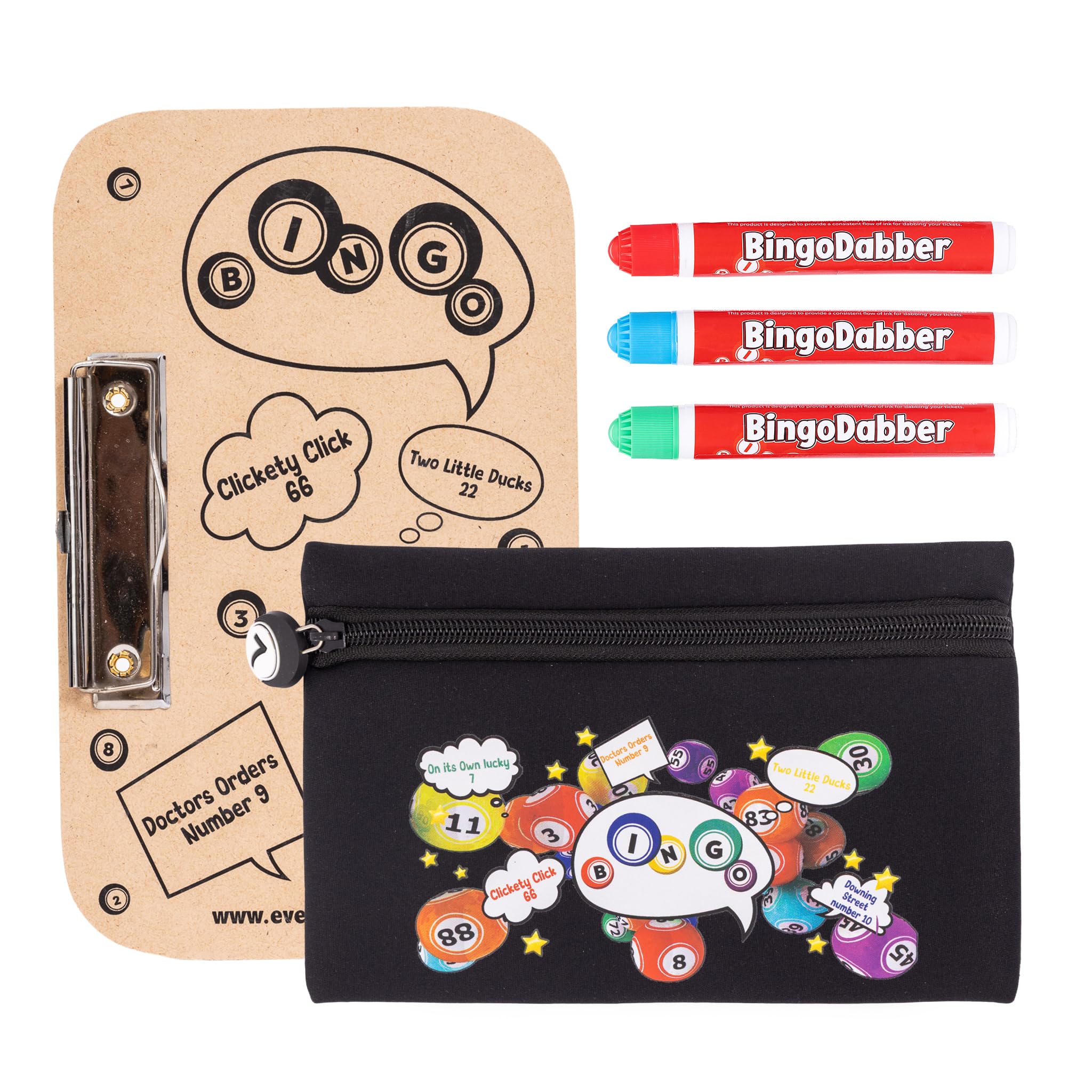 Bingo Dabber Case Holder Gift Set | Includes 3 Bingo Dabbers, 1 Board & Storage Bag | 20ml Non-Drip Markers | 6 Bag Colours with Lucky Number Zip Pull for Bingo Lovers