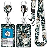 Giancomics Floral Lanyards for Id Badges, Weeds ID Badge Holder with Retractable Reel, Vintage Teacher Lanyard with Keychain Clip Name Tag Card Holder for Women Gift