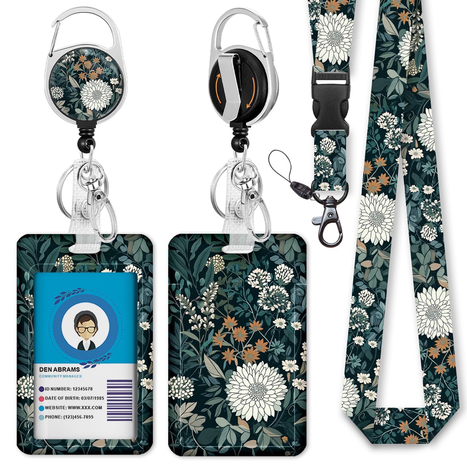 Photo 1 of Giancomics Floral Lanyards for Id Badges, Weeds ID Badge Holder with Retractable Reel, Vintage Teacher Lanyard with Keychain Clip Name Tag Card Holder for Women Gift