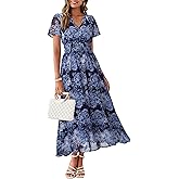 Simplee Women Floral Summer Maxi Dress Boho Flowy Casual Chiffon Short Sleeves V Neck Long Wedding Guest Dresses