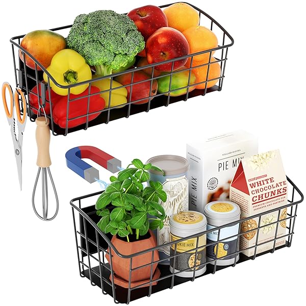 2PCS MAGNETIC SHELF FOR REFRIGERATOR, VERSATILE MAGNETIC BASKET FRIDGE WITH 2 HOOKS FOR KITCHEN STORAGE, FRUIT POTATO ONION STORAGE SHELVES, LARGE MAGNETIC SPICE RACK ORGANIZER FOR FRIDGE OVEN LAUNDRY
