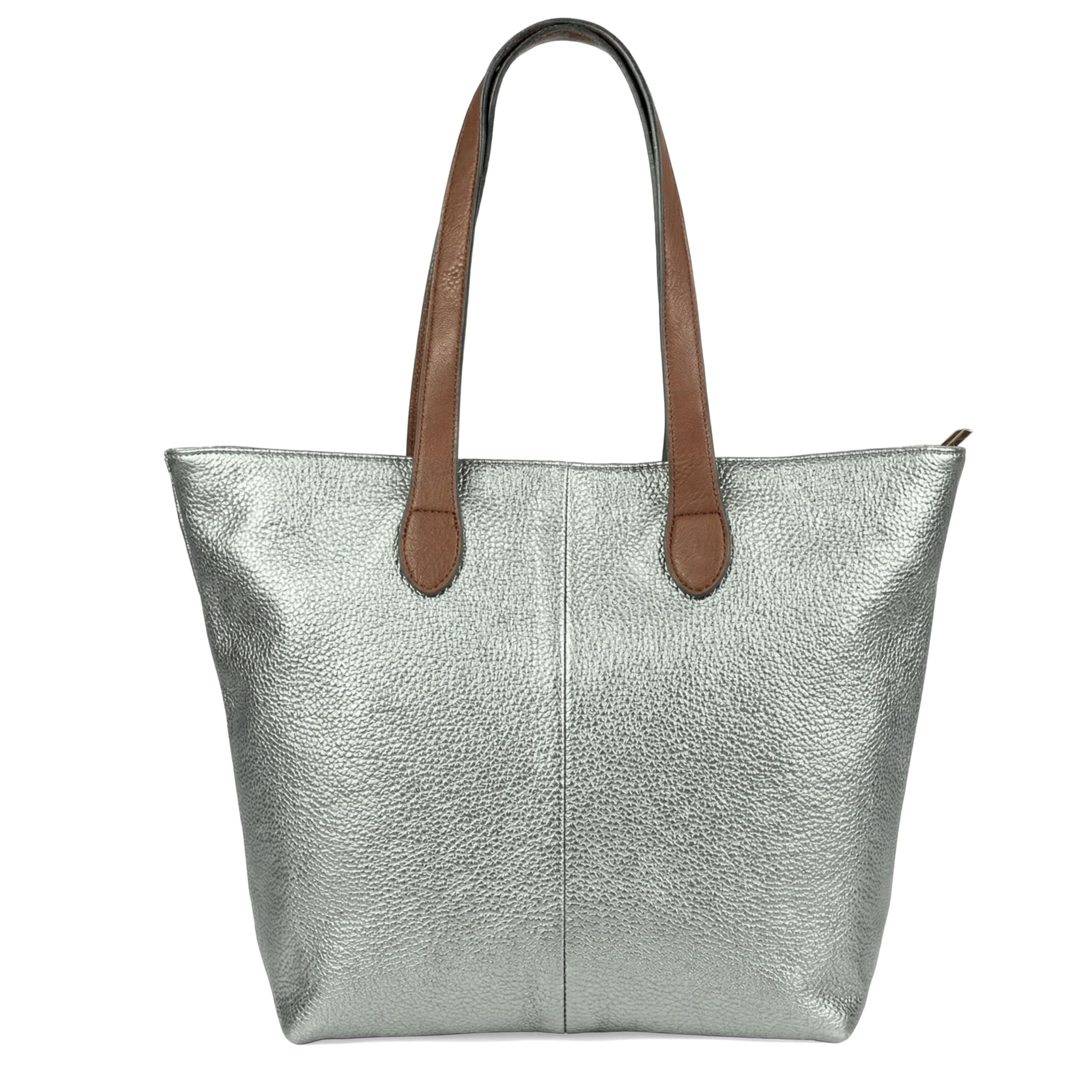 Mabel Womens Lightweight Plain Handbag - Soft 100% Vegan PU Leather Tote Shoulder Bag - Brook (Metallic Silver)