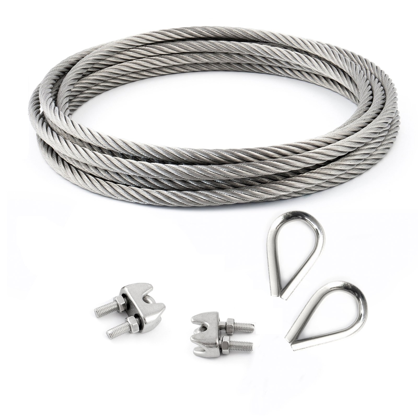 Set 5m Wire Rope Stainless Steel Strand:7x7 3mm + 2 Clips + 2 thimbles + Many Sizes Avaliable - Many Sizes Avaliable