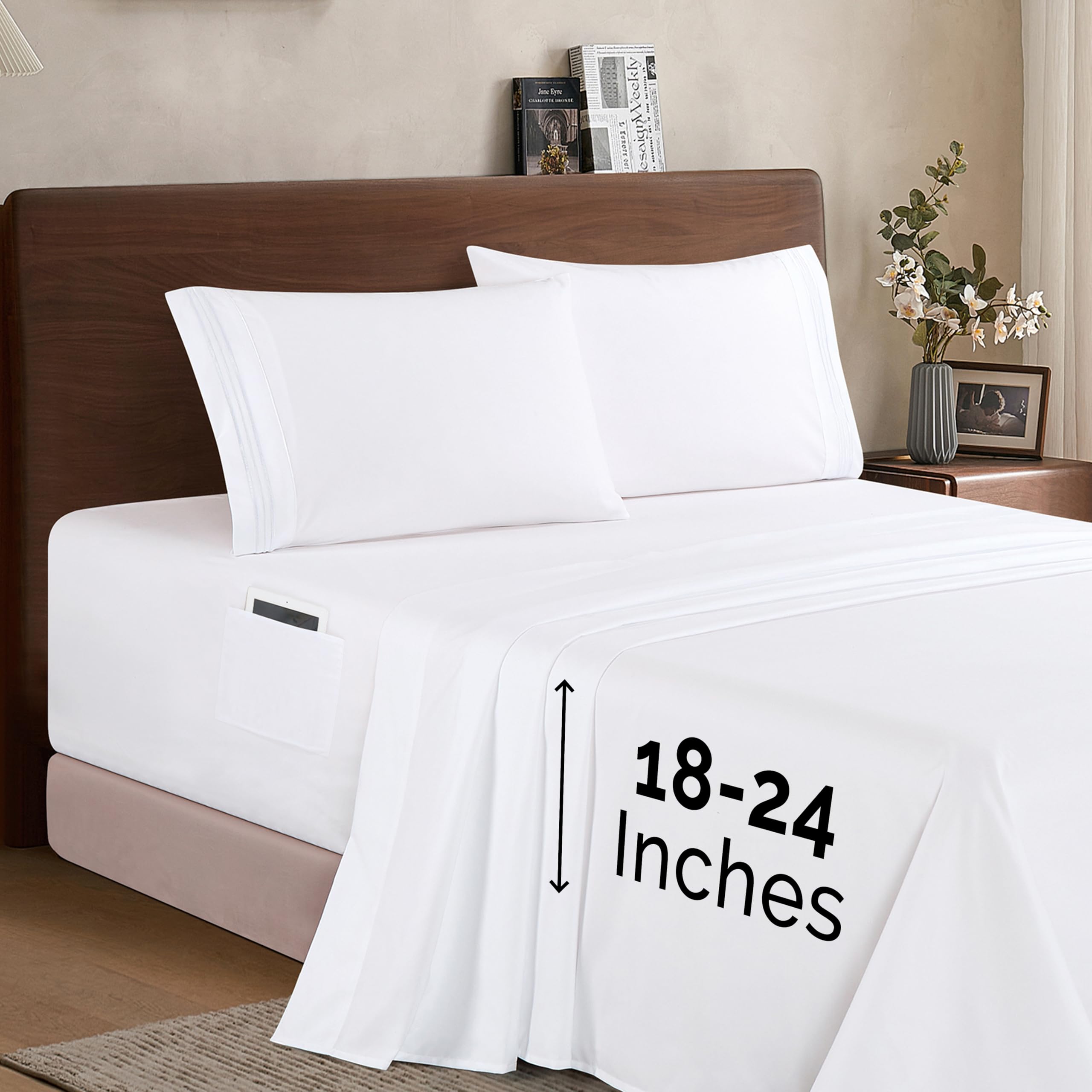 Elegant Comfort Luxury 1500 Premium Hotel Quality Microfiber 4-Piece Sheet Set - Soft, All Around Elastic 18-24 Inches Deep Fitted Sheet - Extra Deep Pocket Sheets, California King, White Image Elegant Comfort Luxury 1500 Premium Hotel Quality Microfiber 4-Piece Sheet Set - Soft, All Around Elastic 18-24 Inches Deep Fitted Sheet - Extra Deep Pocket Sheets, California King, White Image