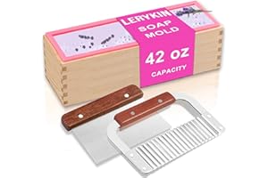 LERYKIN Rectangular Soap Mold Kit with Cutter- 42oz Flexible Silicone Loaf Soap Mold with Wood Box, Stainless Steel Wavy & Straight Scraper for Homemade Craft Soap Making Supplies