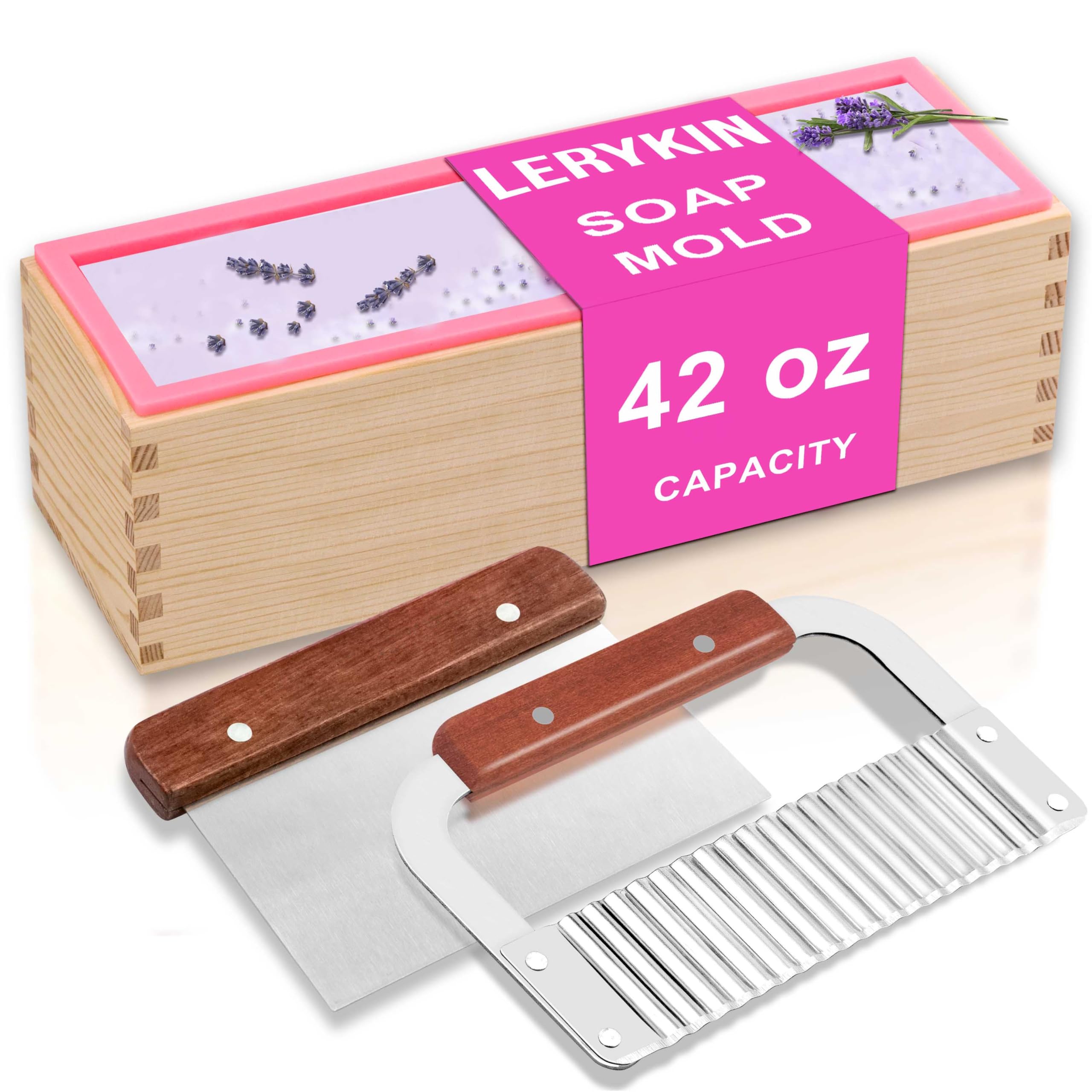 Photo 1 of LERYKIN Rectangular Soap Mold Kit with Cutter- 42oz Flexible Silicone Loaf Soap Mold with Wood Box, Stainless Steel Wavy & Straight Scraper for Homemade Craft Soap Making Supplies