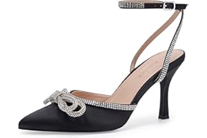 Ainrock Women's Rhinestone Bow Heels Sparkly Wedding Closed Pointed Toe High Sexy Satin Stiletto Ankle Strap Pumps Bridal Dress Heeled Sandals