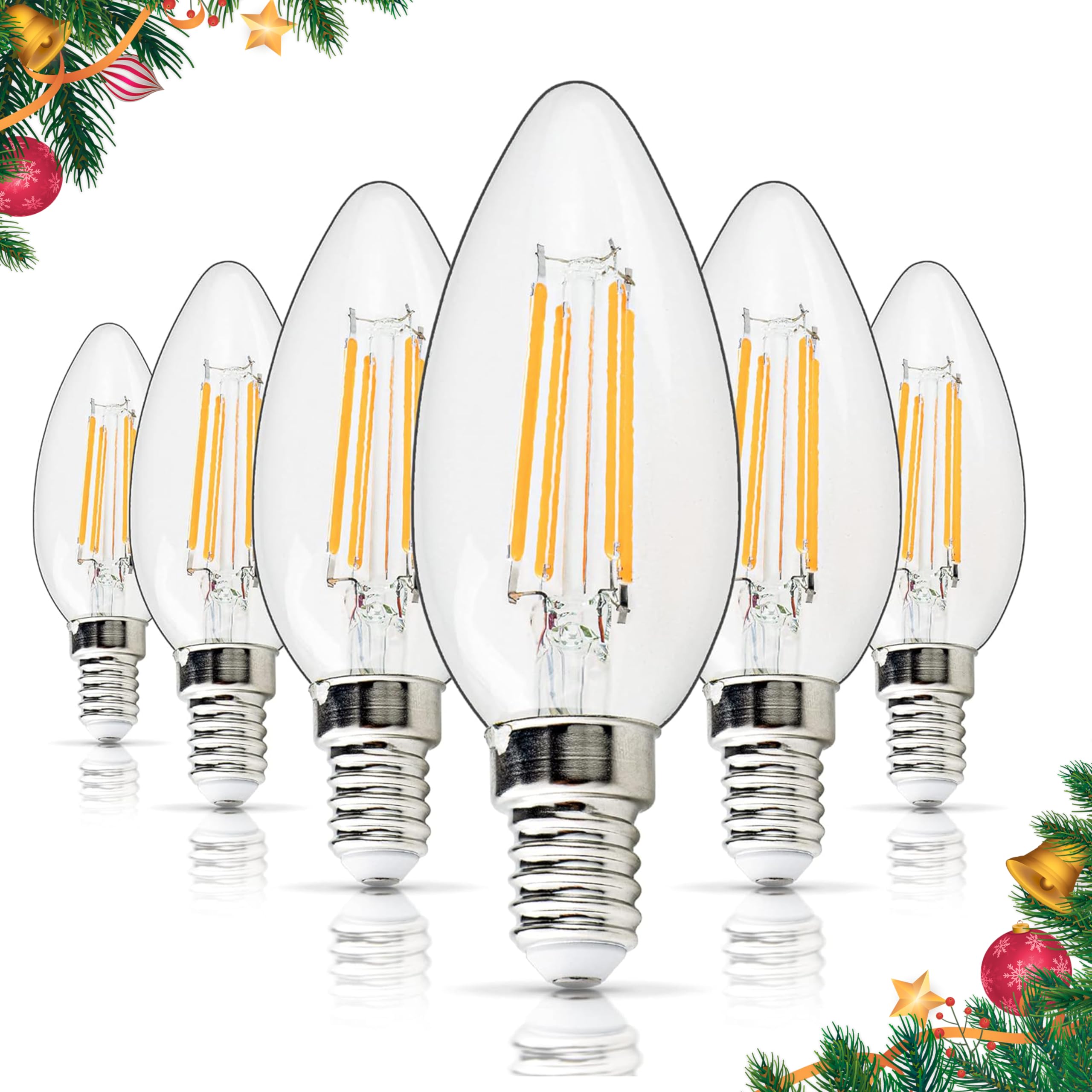 Photo 1 of BlueStars C35 E14 European Base LED Bulb 4W (40W Equivalent), 2700K Warm White 450lm, Non-Dimmable C35 Torpedo Shape Bullet Top for Chandeliers, Ceiling Fan, Wall sconces Home Decoration - 6 Packs