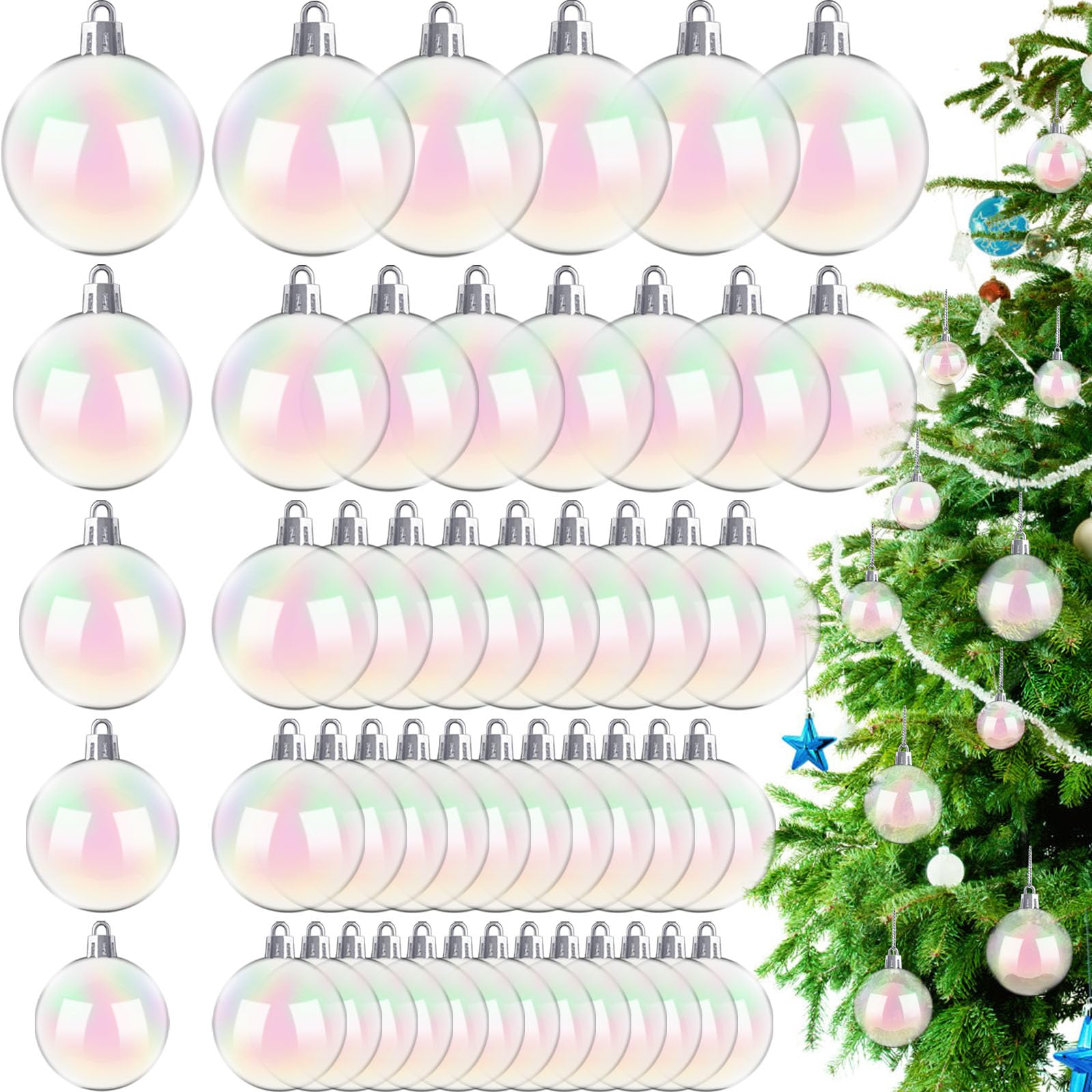 View 1 of 50 PCS Christmas Iridescent Ornaments,Clear Plastic Bubbles Hanging Filled Ornaments,Christmas DIY Hanging Rainbow Ball 5 Different Sizes for Xmas Tree Wedding Party Birthday Home Decorations