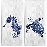 BitKAM Coastal Beach Kitchen Towels Set of 2, Blue Sea Horse Turtle Beachy Dish Tea Towels for Kitchen, Coastal Nautical Ocean Animal Decorative Hand Towels for Bathroom, 16x24 Inches