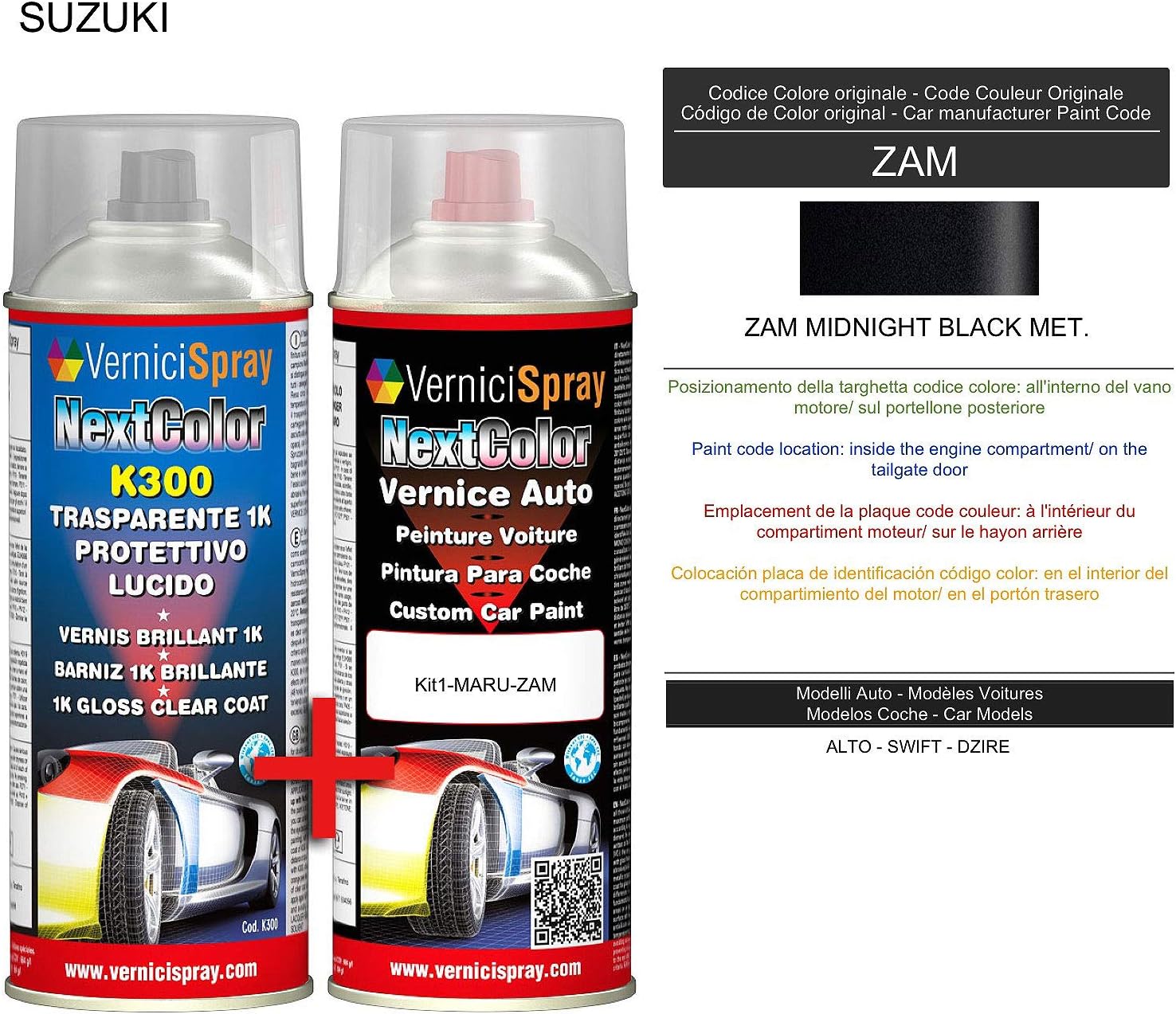 Automotive Touch Up Kit - Car spray paint in metallic/pearl colour ZAM MIDNIGHT BLACK MET. and Gloss Clear Coat, 400 ml Spraycans by VerniciSpray