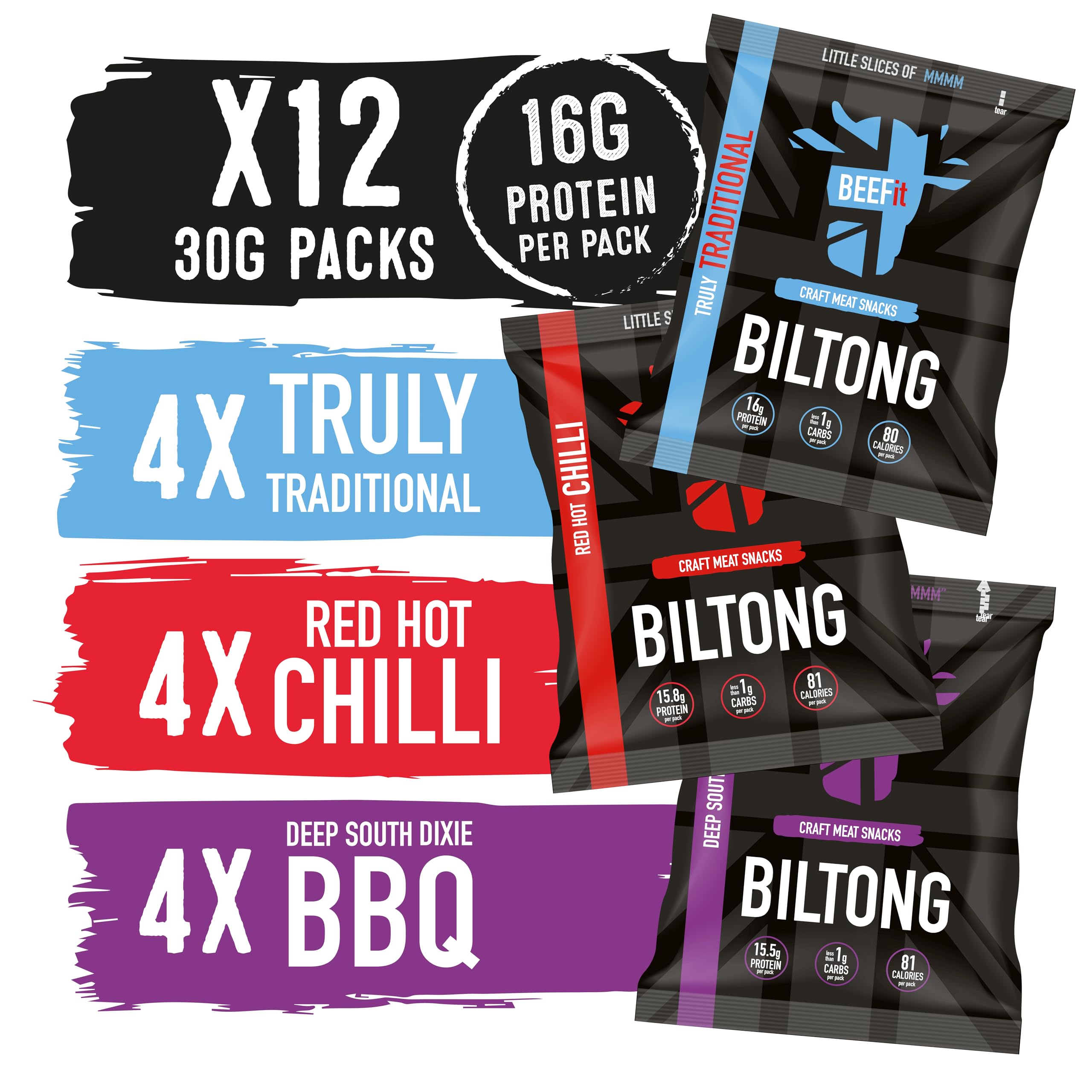 BEEFit Biltong Beef Jerky Flavour Fest - One Bag of Each Flavour - Traditional, Red Hot Chilli & BBQ - Healthy High Protein Snacks, Gluten Free, Perfect for On-The-Go (12x30g) โ image 1