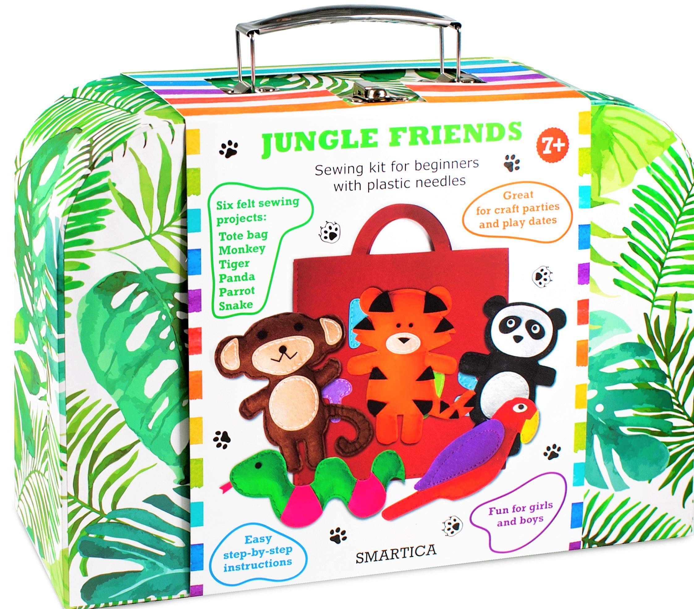 SMARTICA Gift Sewing Kit for Children – Present Craft kit for Kids Girl Boy 7 8 9 10 11 12 Year Old – Learn to Sew Set for Beginner – Educational Craft Box – 6 Cute Sewing Projects – Plastic Needles