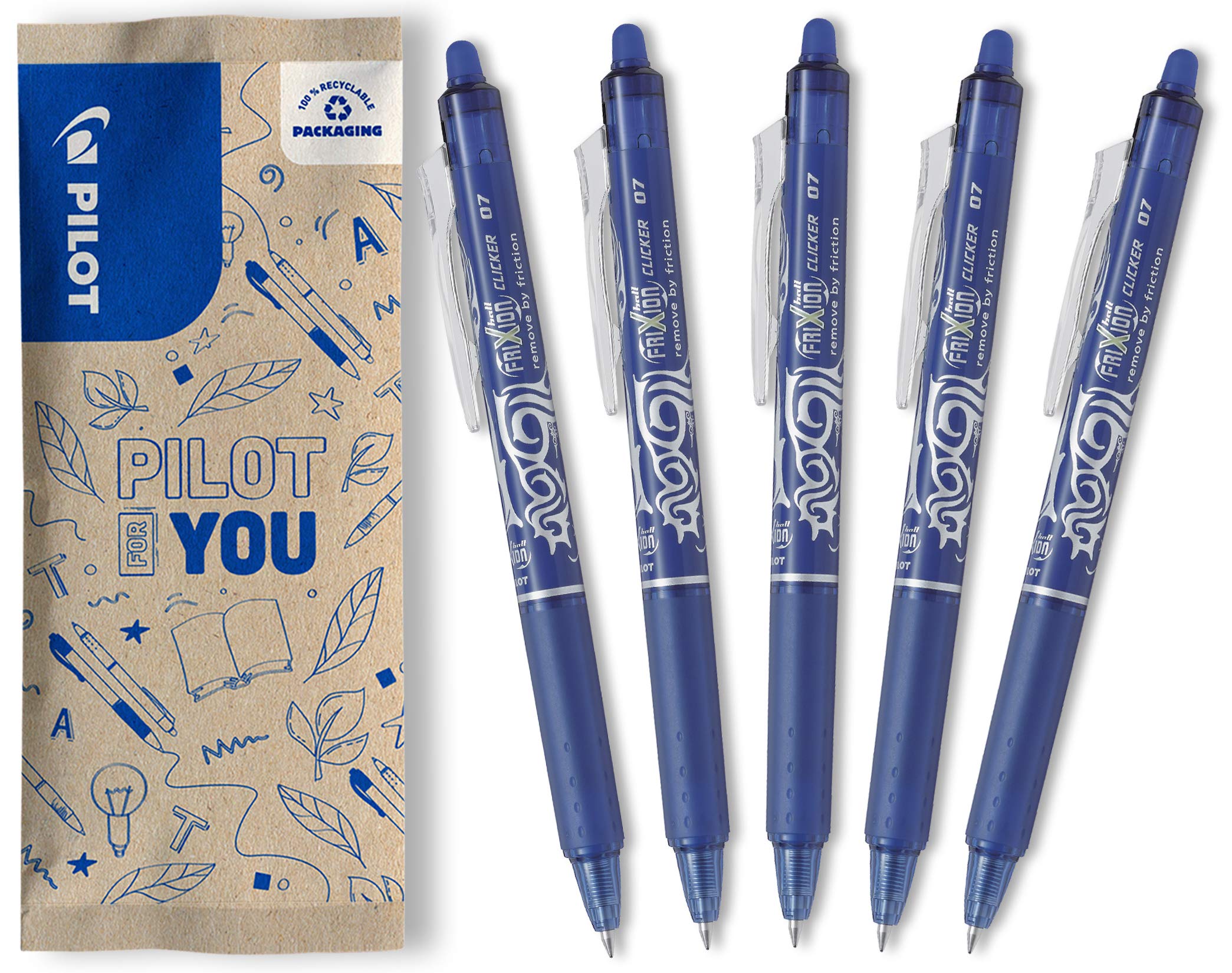 PILOT - FriXion Ball Clicker Erasable Pen - 0.7mm Tip Rollerball - 5 x Blue Pens