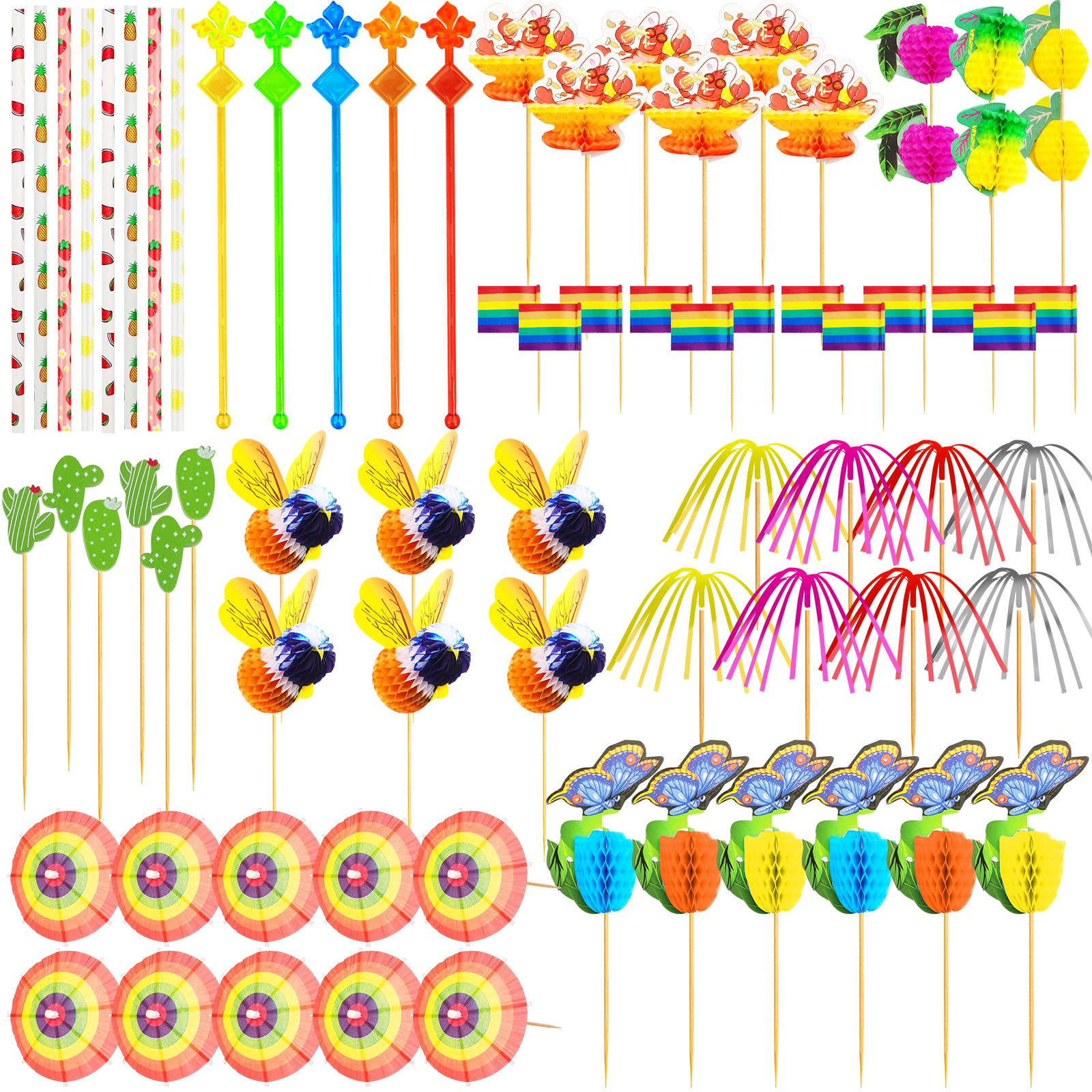 Ysimple 171 Pcs Cocktail Accessories for Drinks, Reusable Cocktail Party Decorations with Cocktail Umbrella Sparklers Cocktail Straws Sticks for Festival, Hawaiian Party Decorations, Beach Bar