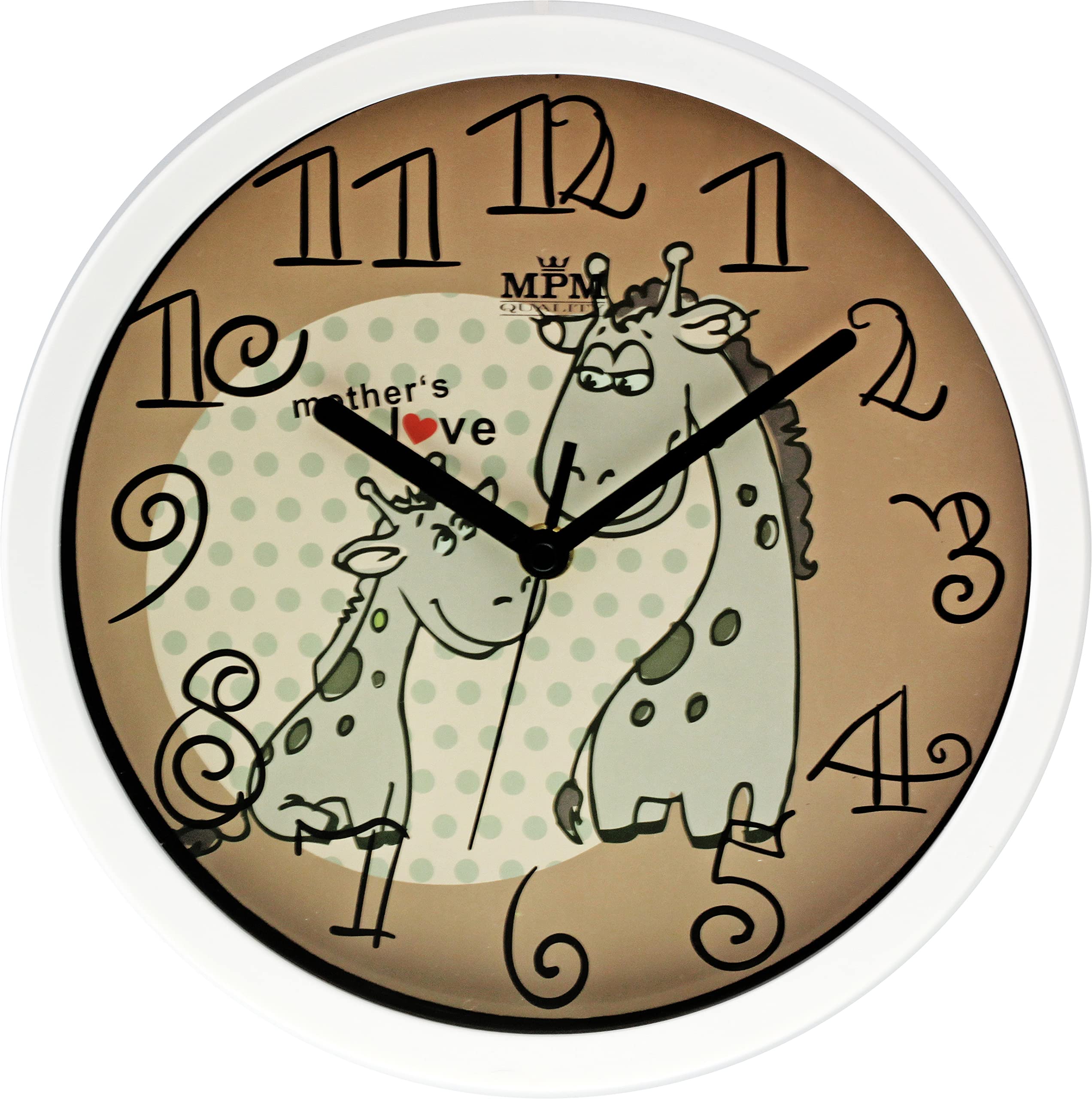 MPM Colourful Children's Plastic Wall Clock with Giraffe Motif, White/Brown, Wall Decoration, Well Suitable for Children's Room, Quartz Stepper Motor, Smooth Drainage, for Boys and Girls