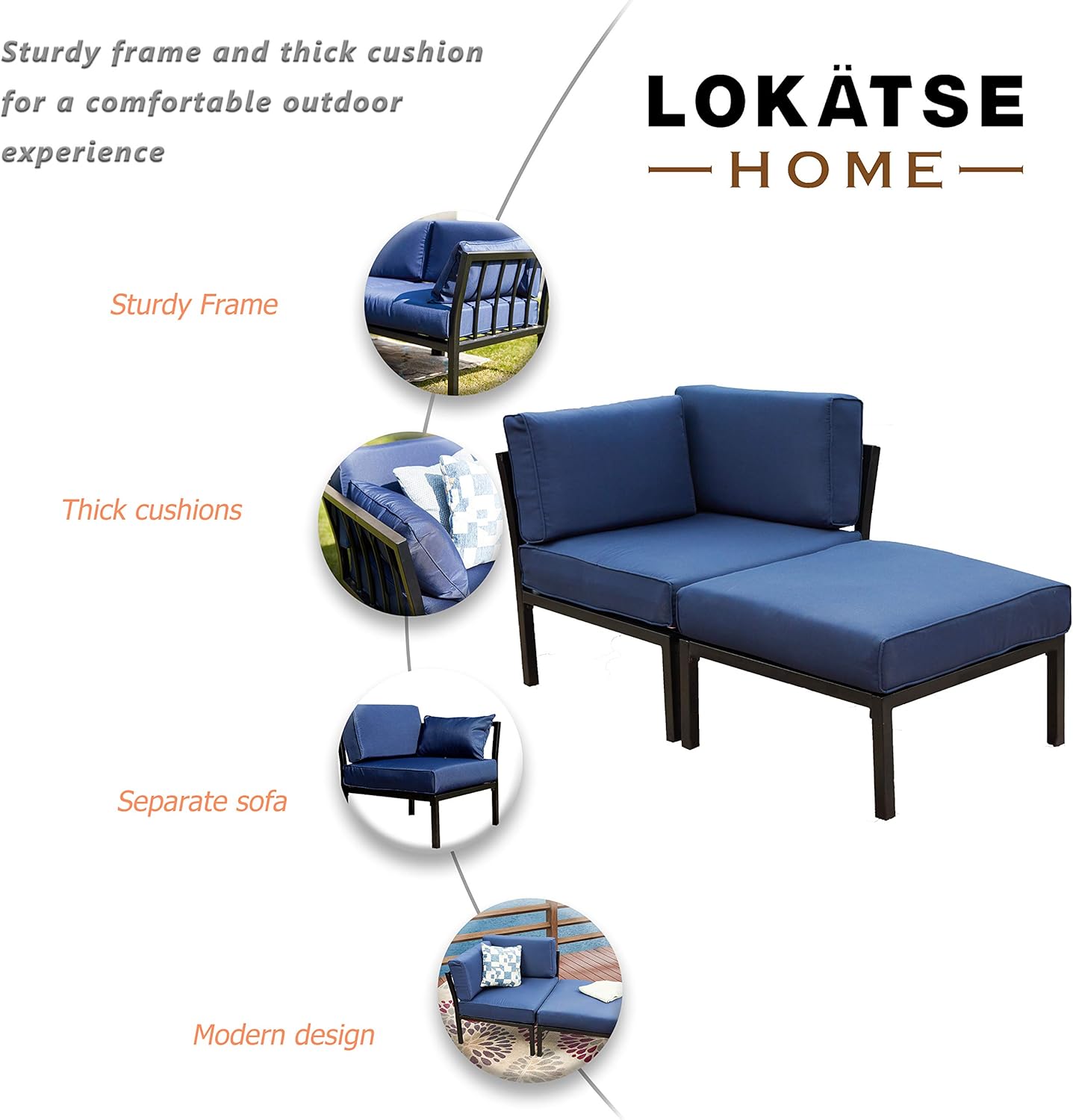 LOKATSE HOME 2 Piece Patio Sectional Furniture Set Outdoor Armchair Corner Sofa with Ottoman, 2Pcs-1, Blue Cushions : Garden & Outdoor
