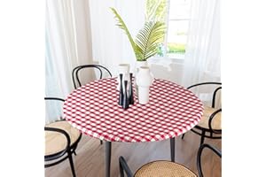 Sorfey Round Tablecloth -Fitted with Elastic, Vinyl with Flannel Back, Fits for Table 30 Inches Round,Water Proof, Easy to Clean, Checked Red Design