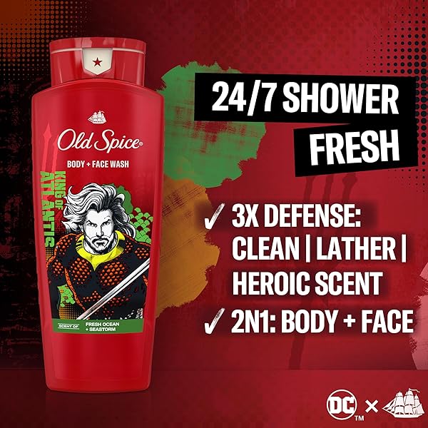 OLD SPICE BODY WASH FOR MEN, AQUAMAN: KING OF ATLANTIS, 3X DEFENSE, 24/7 SHOWER FRESH WITH LASTING SCENT, CLEANSING 2-IN-1 BODY & FACE WASH, SMELL LIKE A HERO, FRESH OCEAN AND SEASTORM SCENT, 24 OZ