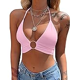 Mizoci Women's Sexy Summer Sleeveless Halter Deep V Neck Crop Top Tie Up Backless Cami