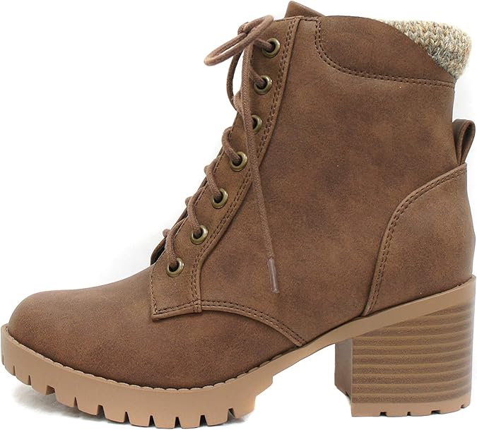 Soda Single Lug Sole Chunky Heel Combat Ankle Boot Lace up w/Side
