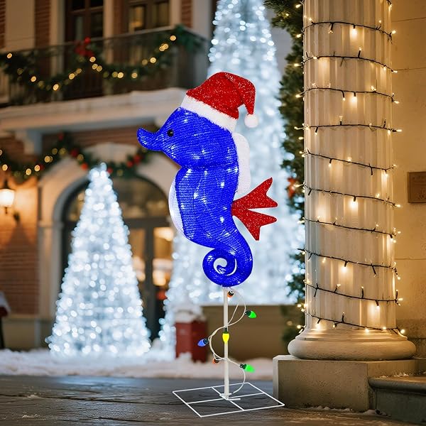 PRSILDAN OUTDOOR CHRISTMAS DECORATIONS – 40 INCH COLORFUL LED SEAHORSE YARD DECOR WITH SANTA HATS, LIGHTED HOLIDAY LAWN STAKES FOR PORCH, GARDEN, PATHWAY, SEAHORSE FIGURES XMAS DECOR (BLUE)