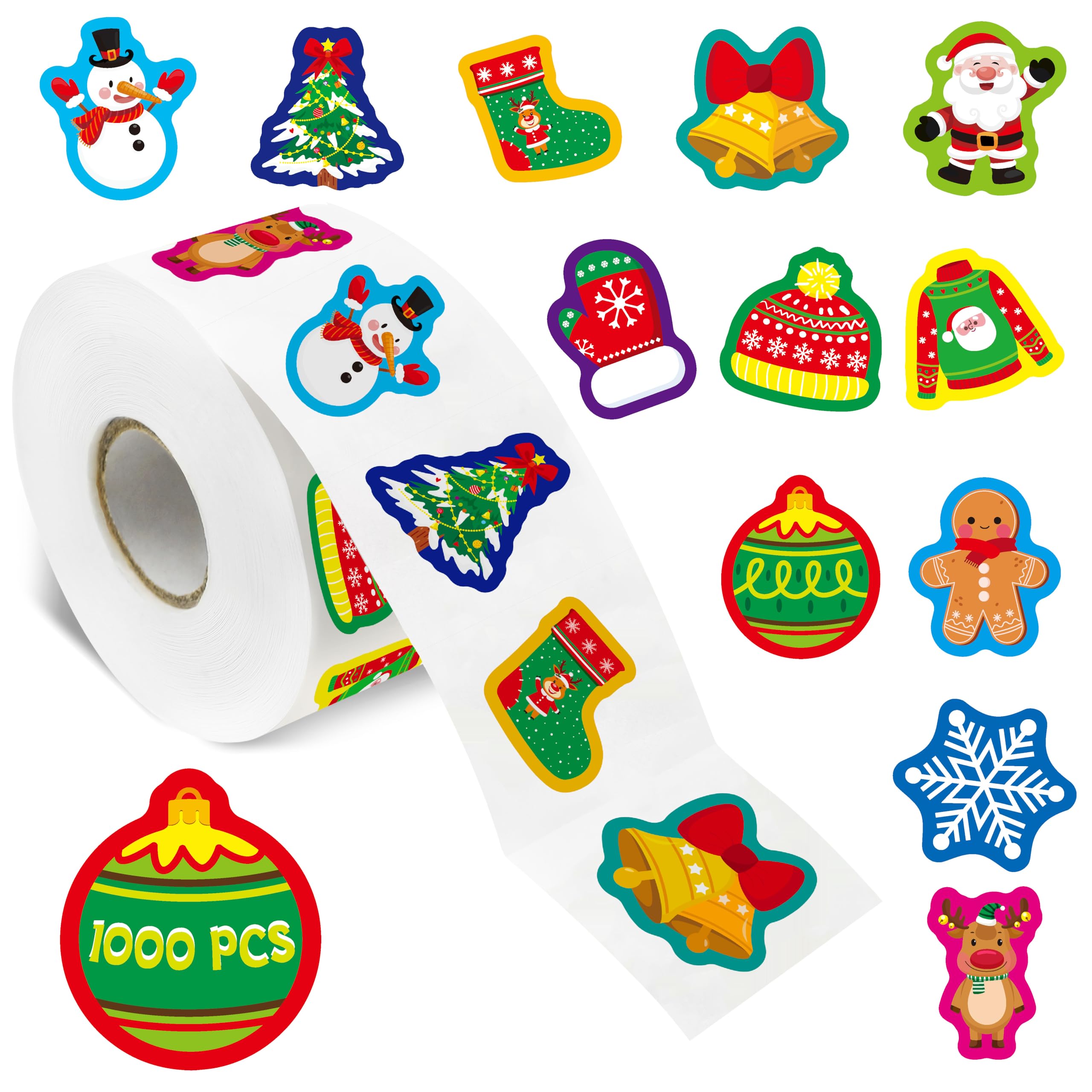 1000 PCS Christmas Stickers, 12 Designs Stickers Cute Winter Holiday Decoration Self Adhesive Snowman Santa Claus Labels for Christmas Supplies Xmas Display Gifts Decor with Perforation line (1” Each)